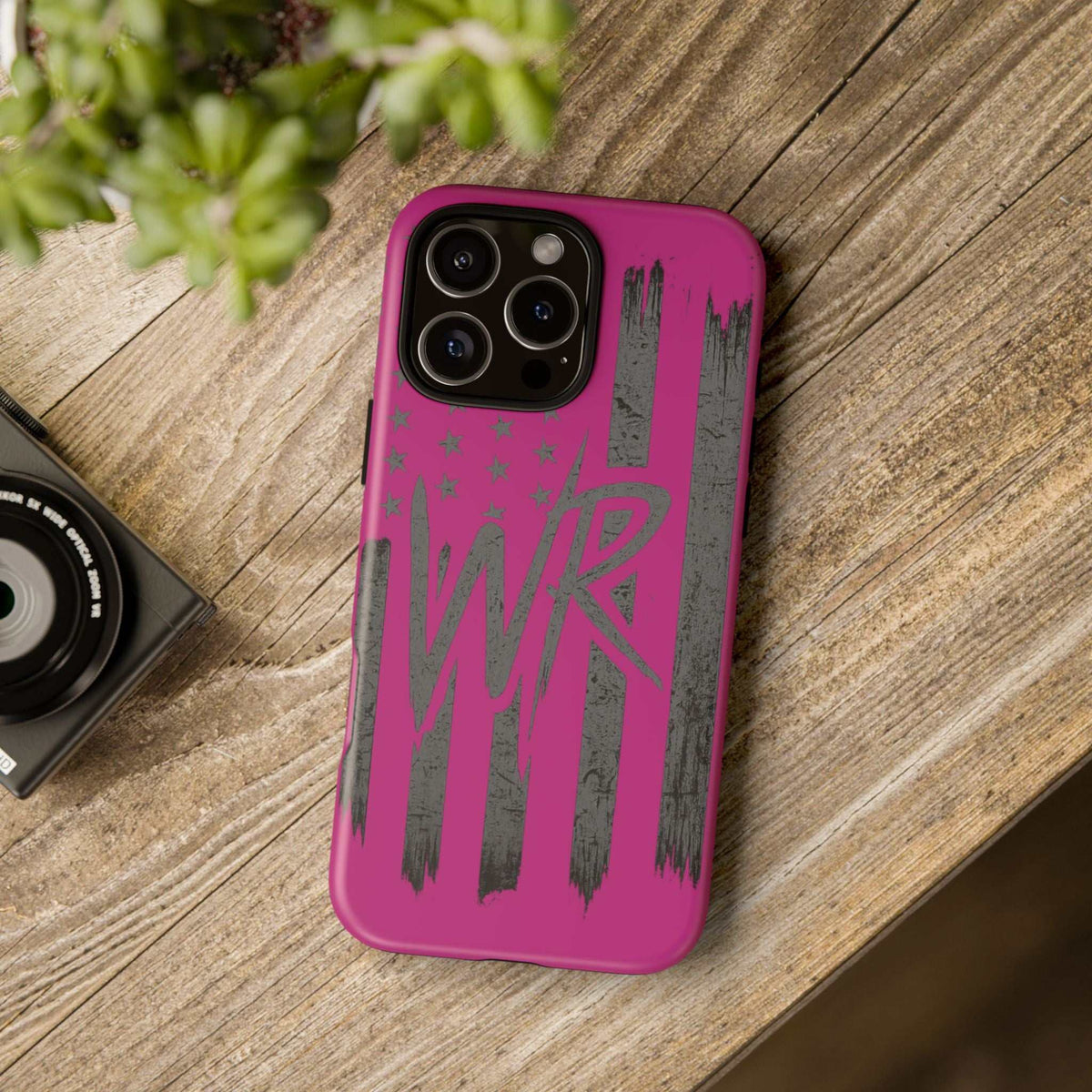 Pink 'WR' Flag Tough Phone Case by Printify, showcasing a durable design with vibrant flag graphics on a smartphone.