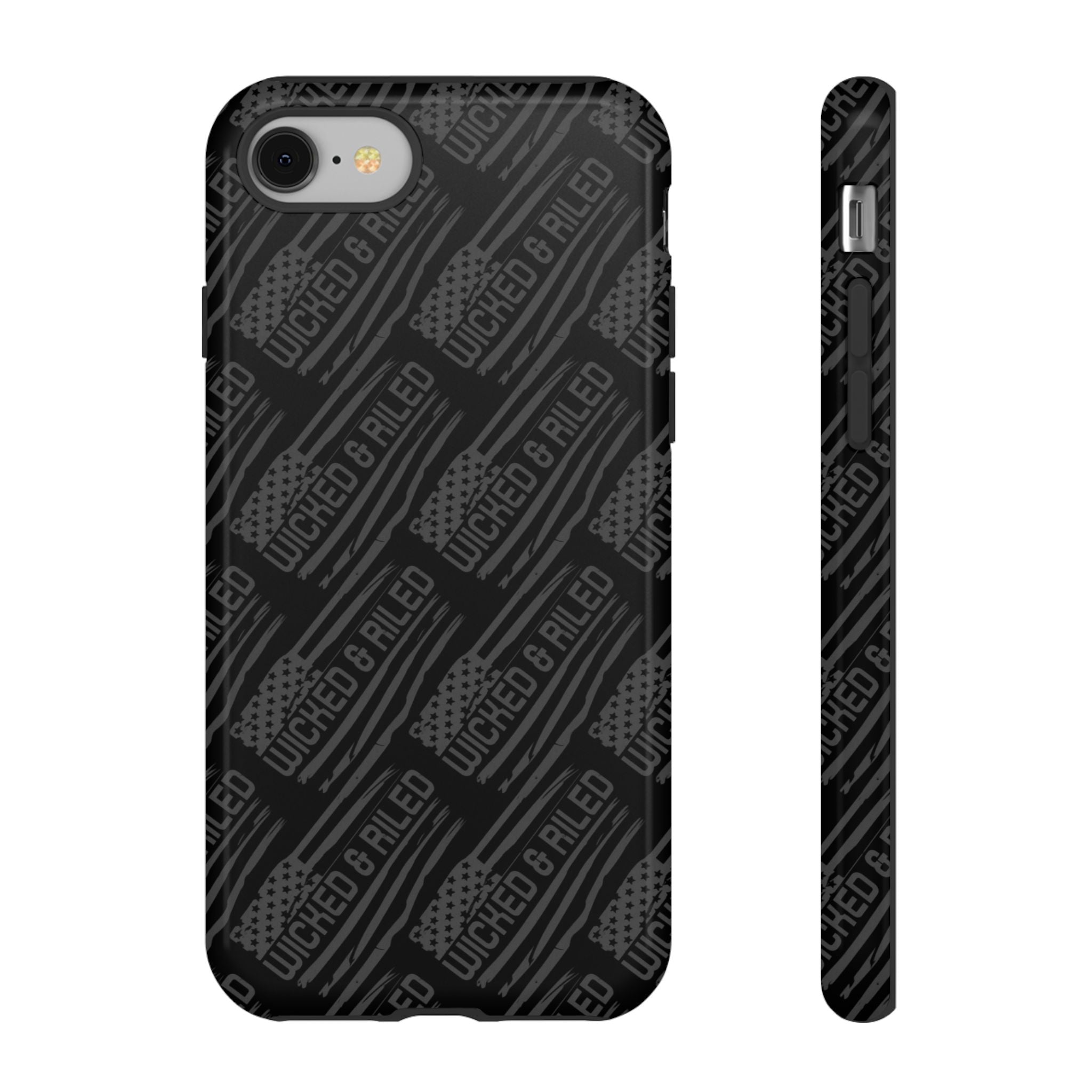 Rugged black protective phone case by Printify, featuring a tough cases text pattern for added grip and durability.