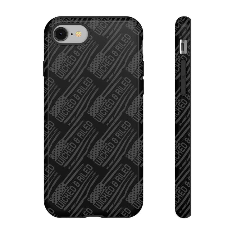 Rugged black protective phone case by Printify, featuring a tough cases text pattern for added grip and durability.