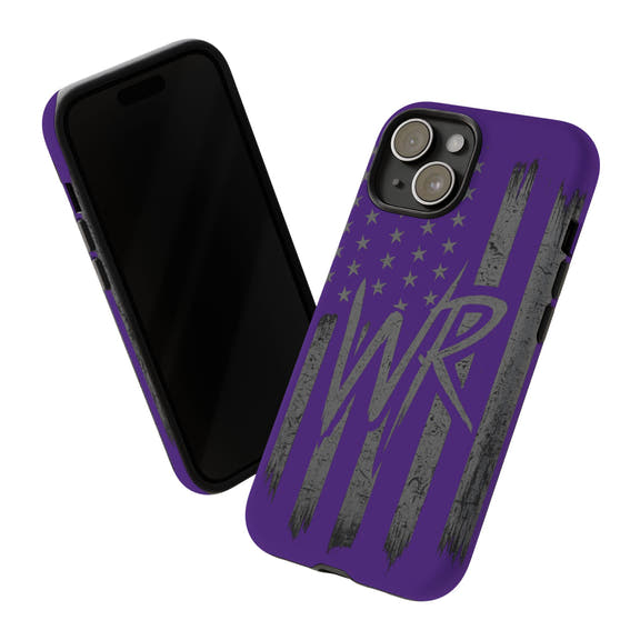 Purple 'WR' flag tough phone case by Printify, featuring durable design and vibrant colors for protection and style.