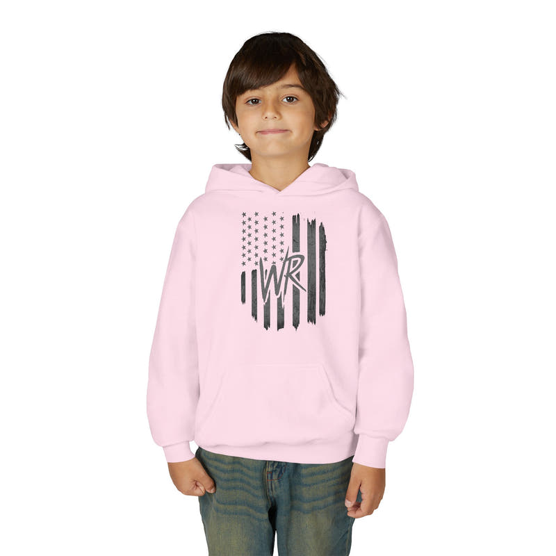 Youth Hoodie Distressed American Flag with Initials 'WR' - Wicked & Riled Clothing