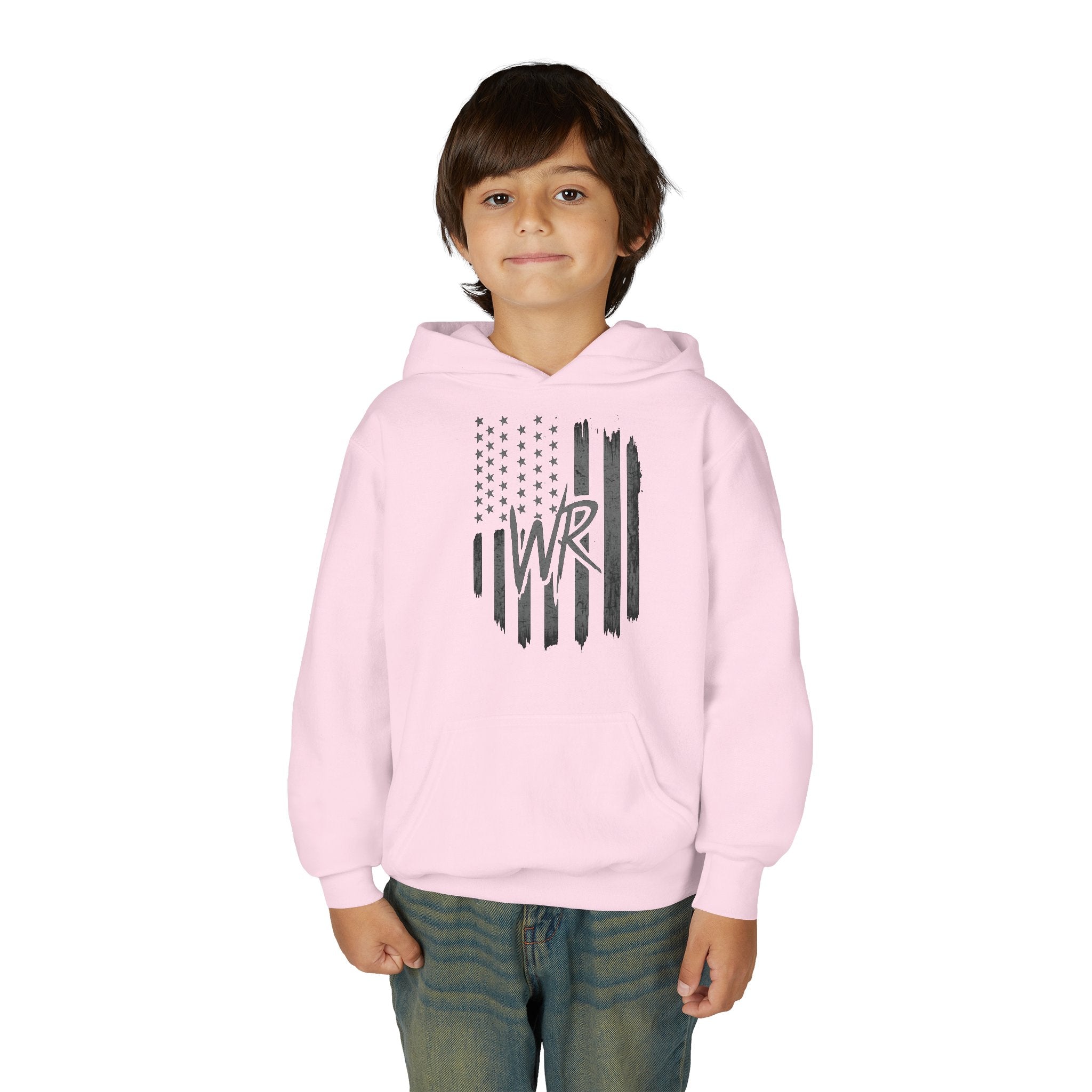 Youth Hoodie Distressed American Flag with Initials 'WR'
