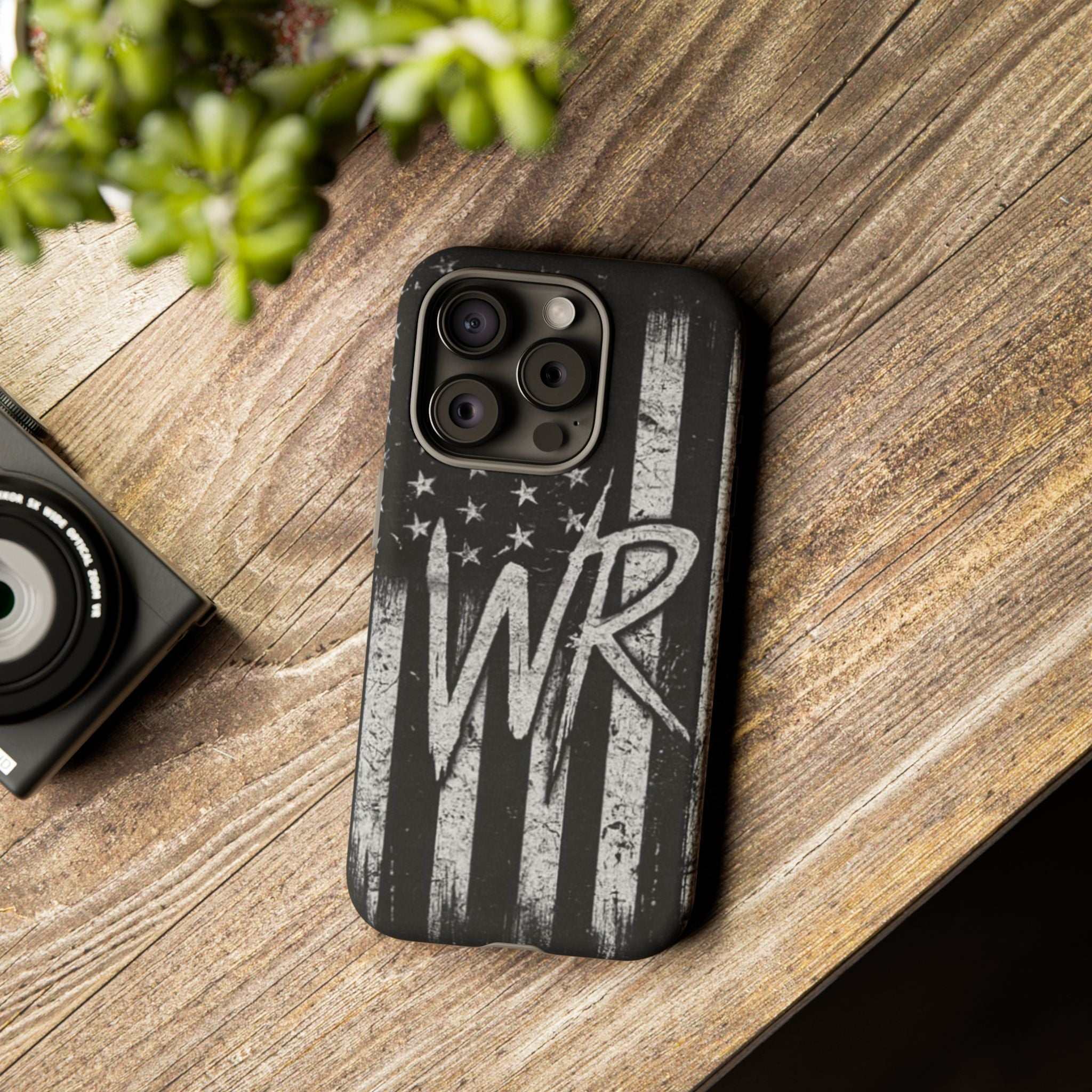 Distressed American flag phone case featuring a patriotic monogram with "WR" by Printify.