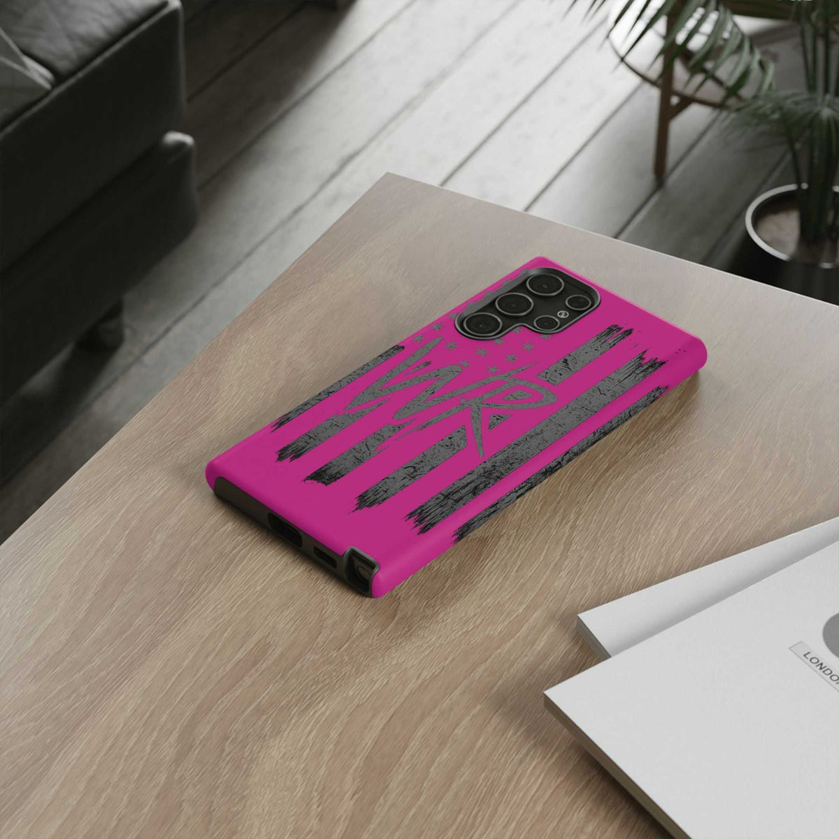Pink 'WR' Flag Tough Phone Case by Printify featuring a durable design and vibrant flag pattern.