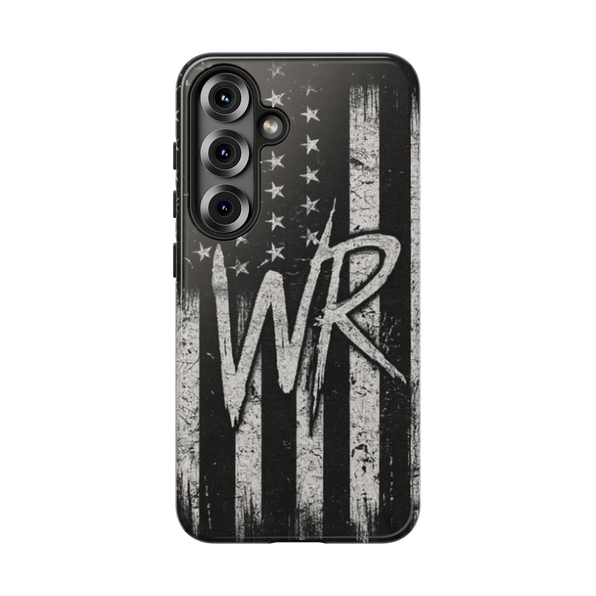 Patriotic monogram tough phone case featuring a distressed American flag design with the initials WR by Printify.