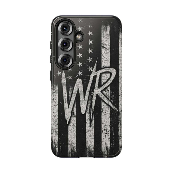 Patriotic monogram tough phone case featuring a distressed American flag design with the initials WR by Printify.