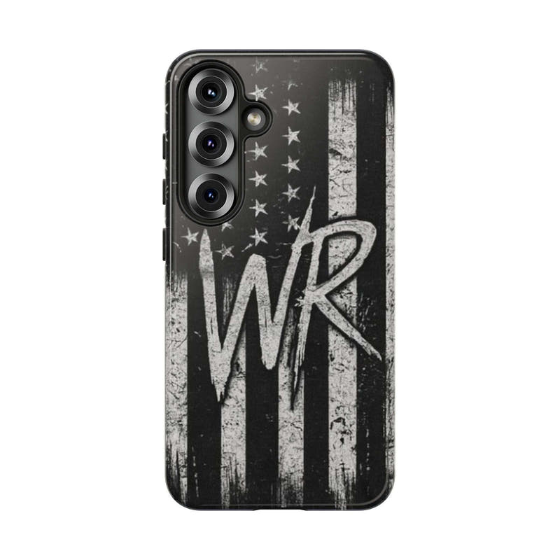 Patriotic monogram tough phone case featuring a distressed American flag design with the initials WR by Printify.