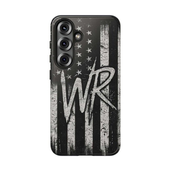 Patriotic monogram tough phone case featuring a distressed American flag design with the initials WR by Printify.