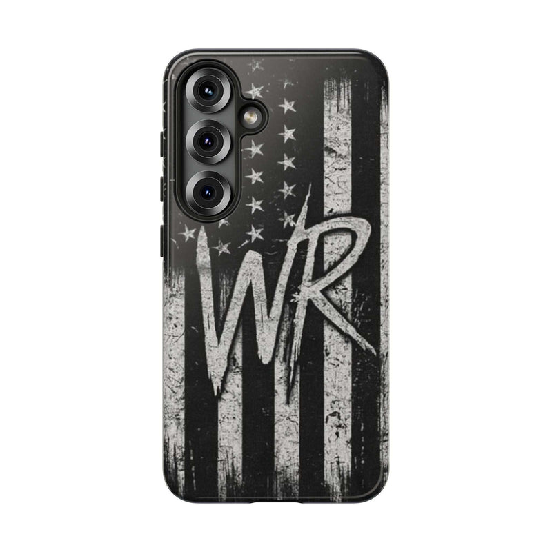 Patriotic monogram tough phone case featuring a distressed American flag design with the initials WR by Printify.