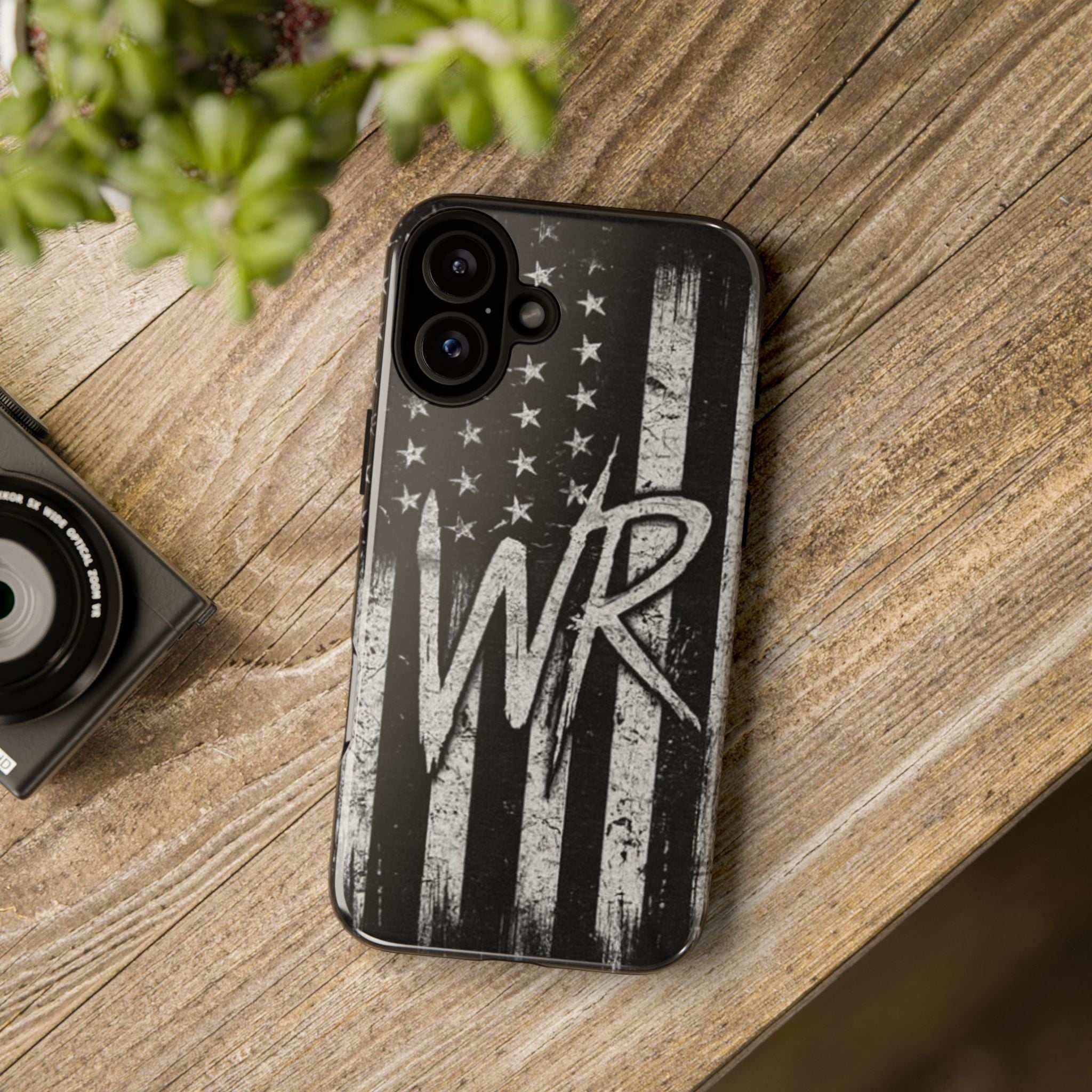 Patriotic monogram tough phone case featuring a distressed American flag design with the initials WR.