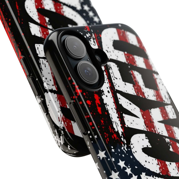 Distressed American flag phone case with "VETERAN" graphic, showcasing rugged patriotic design by Printify.