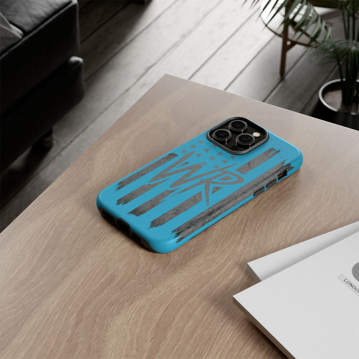 Patriotic blue 'WR' flag tough phone case by Printify, showcasing a durable design with a vibrant flag pattern.