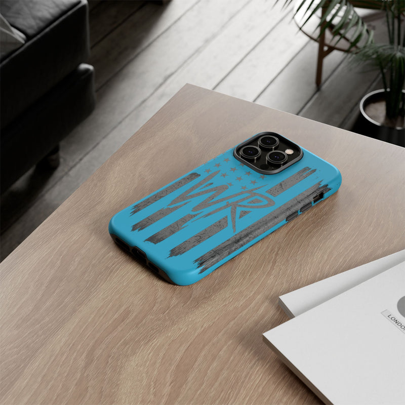 Patriotic blue 'WR' flag tough phone case by Printify, showcasing a durable design with a vibrant flag pattern.