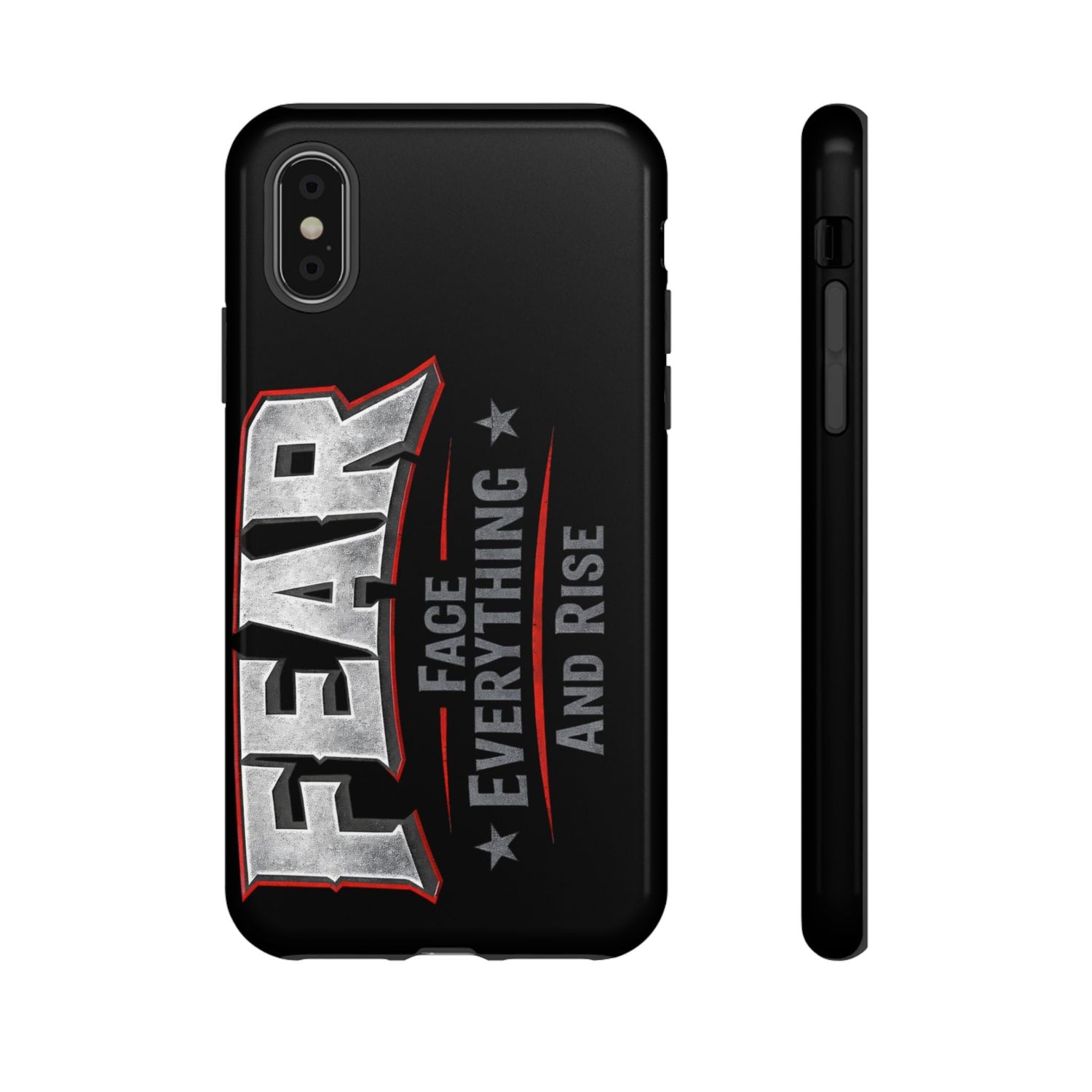 Fear phone case by Printify featuring a motivational design with "Face Everything and Rise" text on a sleek background.