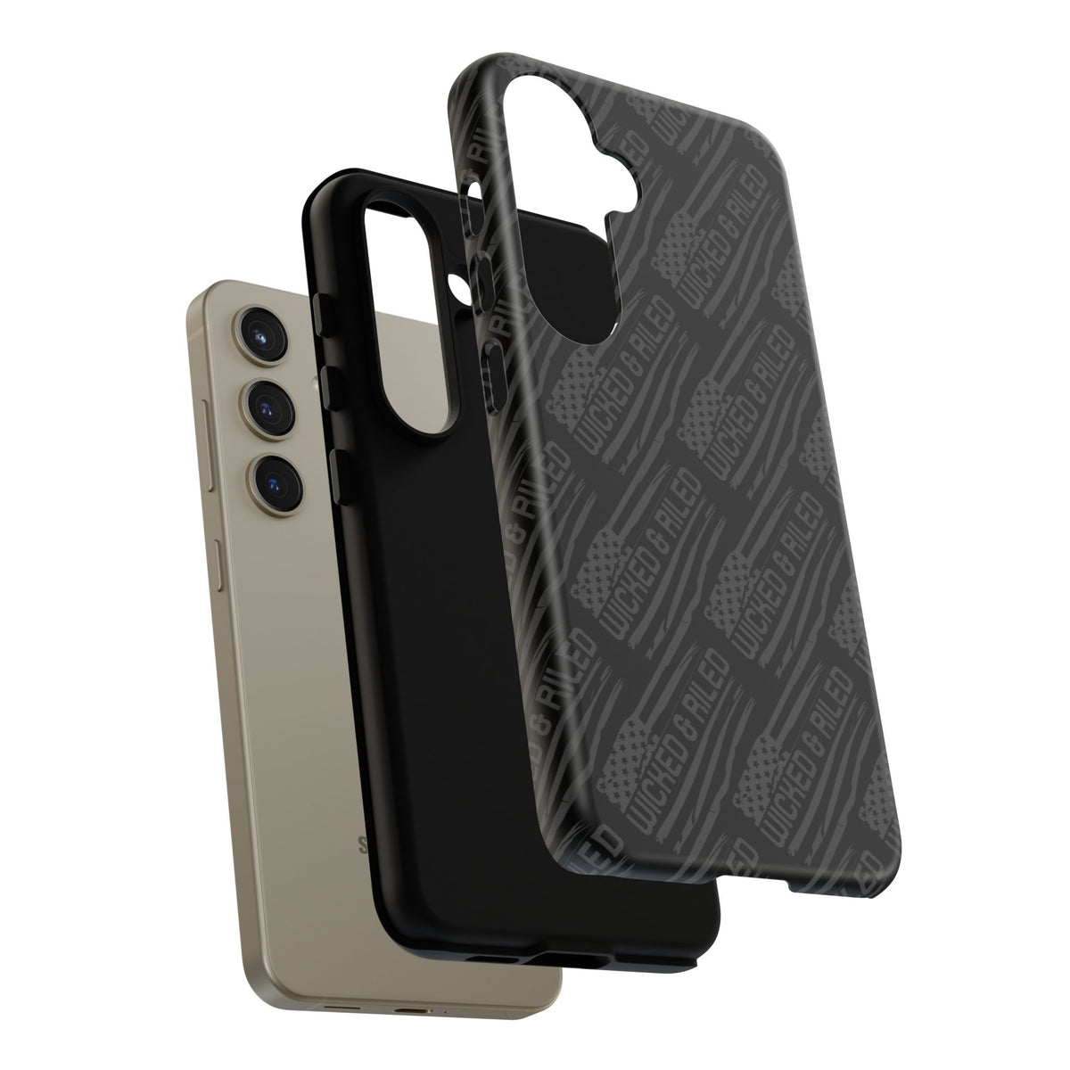 Rugged black protective phone case from Printify featuring a textured TOUGH CASES pattern for enhanced grip and durability.