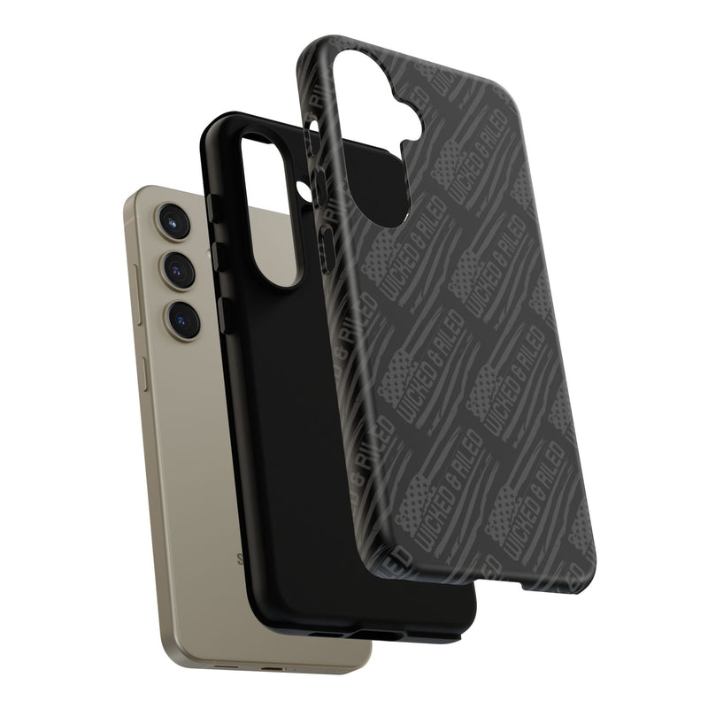 Rugged black protective phone case from Printify featuring a textured TOUGH CASES pattern for enhanced grip and durability.