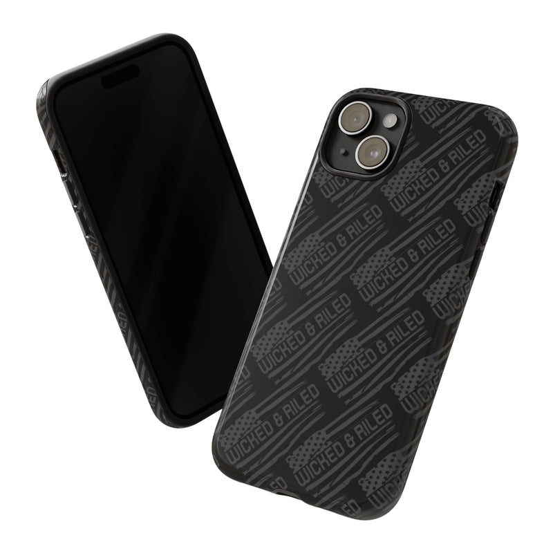 Rugged black protective phone case with "TOUGH CASES" text pattern by Printify, showcasing durable design and secure fit.