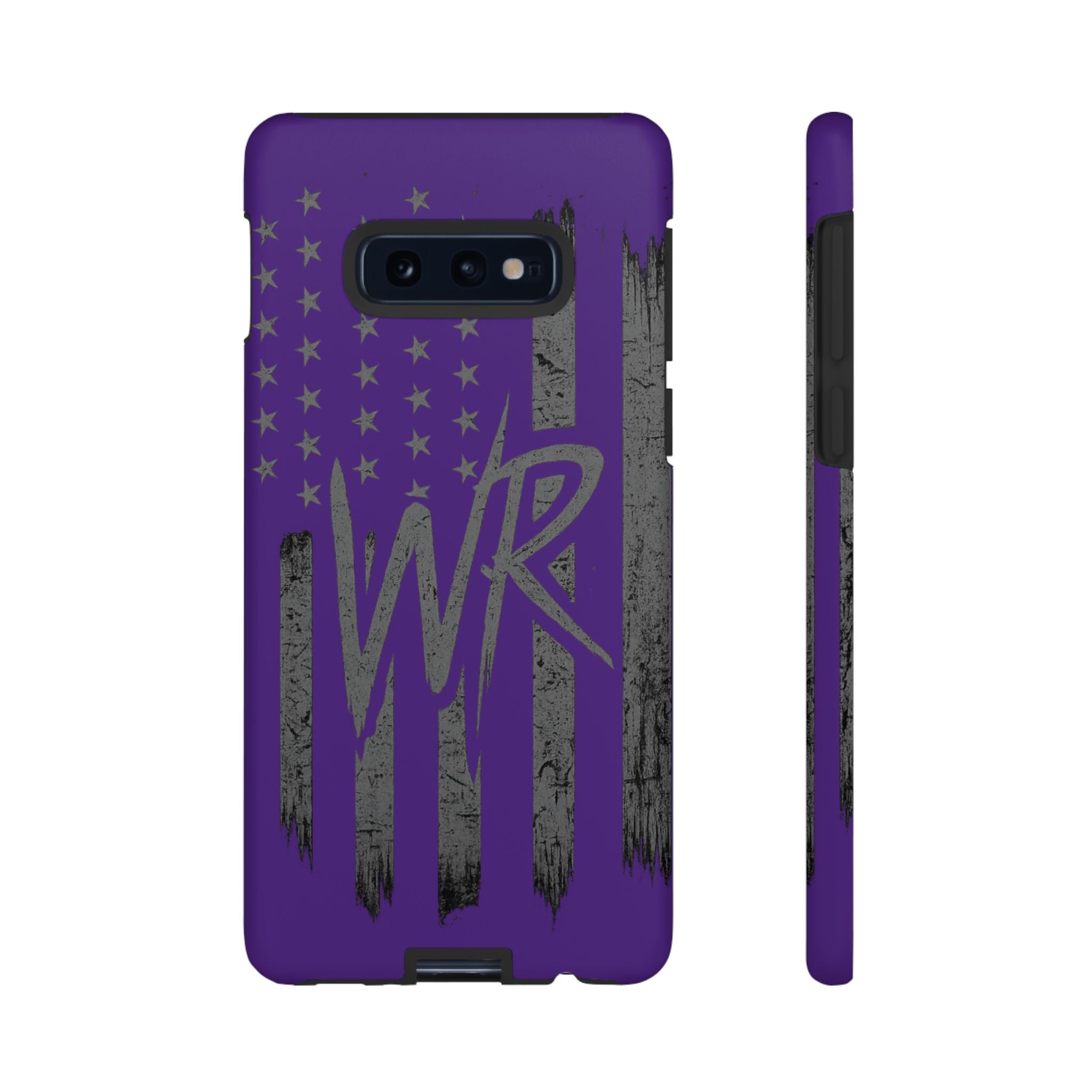 Purple 'WR' flag design on a tough phone case by Printify, showcasing durability and vibrant color.