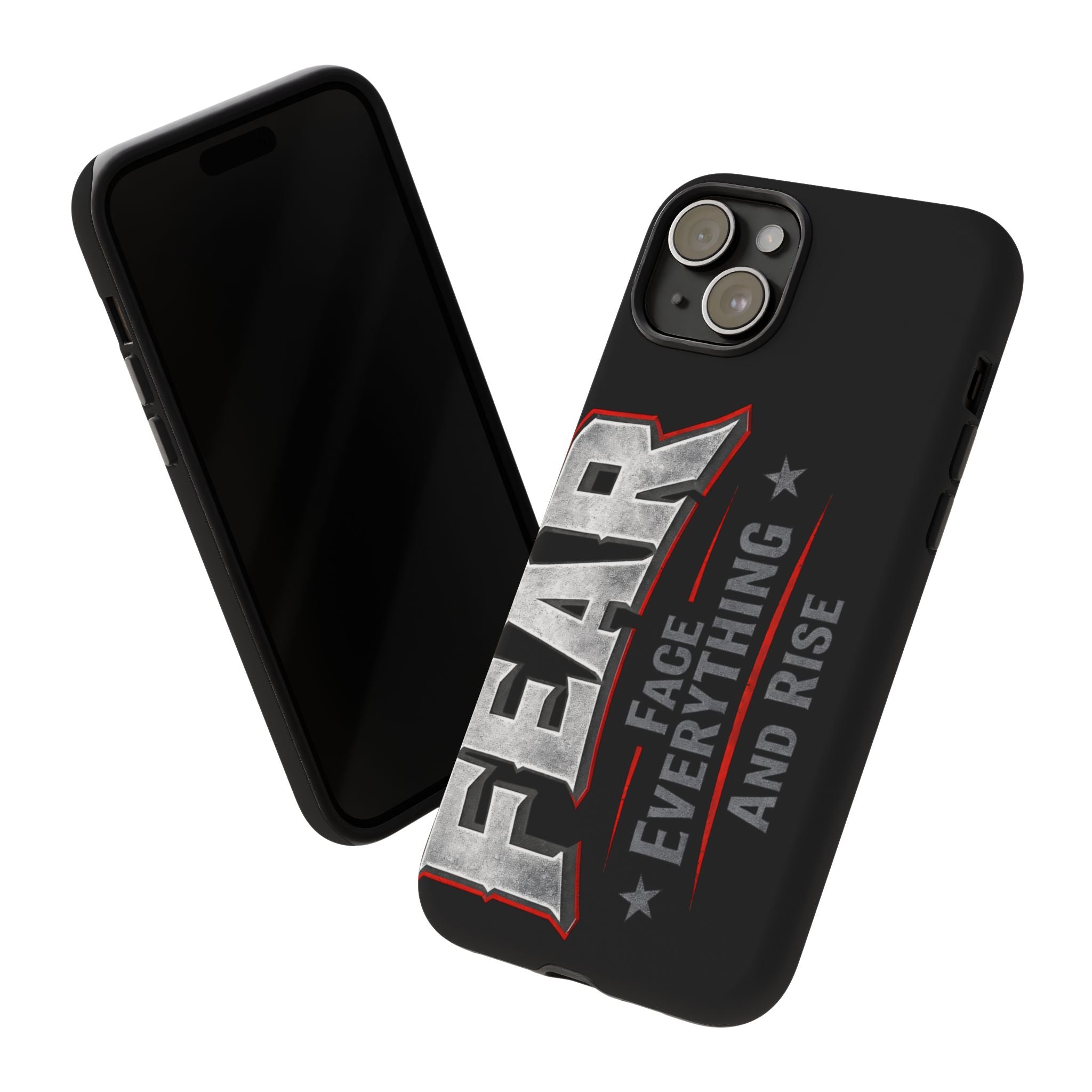 Fear phone case by Printify featuring a motivational design with the phrase "Face Everything and Rise."