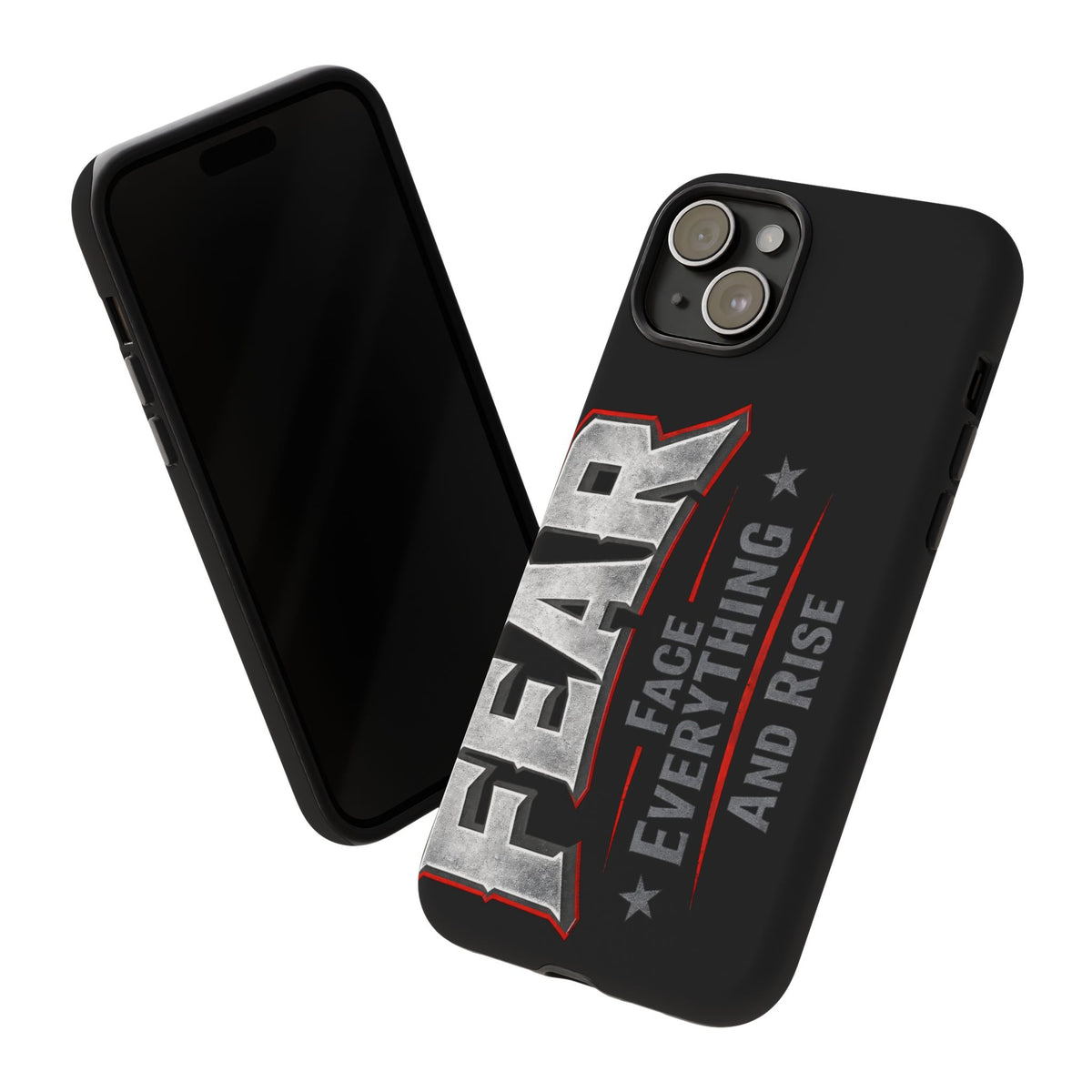 Fear phone case by Printify featuring a motivational design with the phrase "Face Everything and Rise."