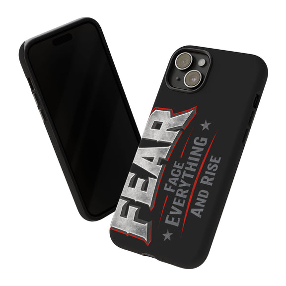 Fear phone case by Printify featuring a motivational design with the phrase "Face Everything and Rise."