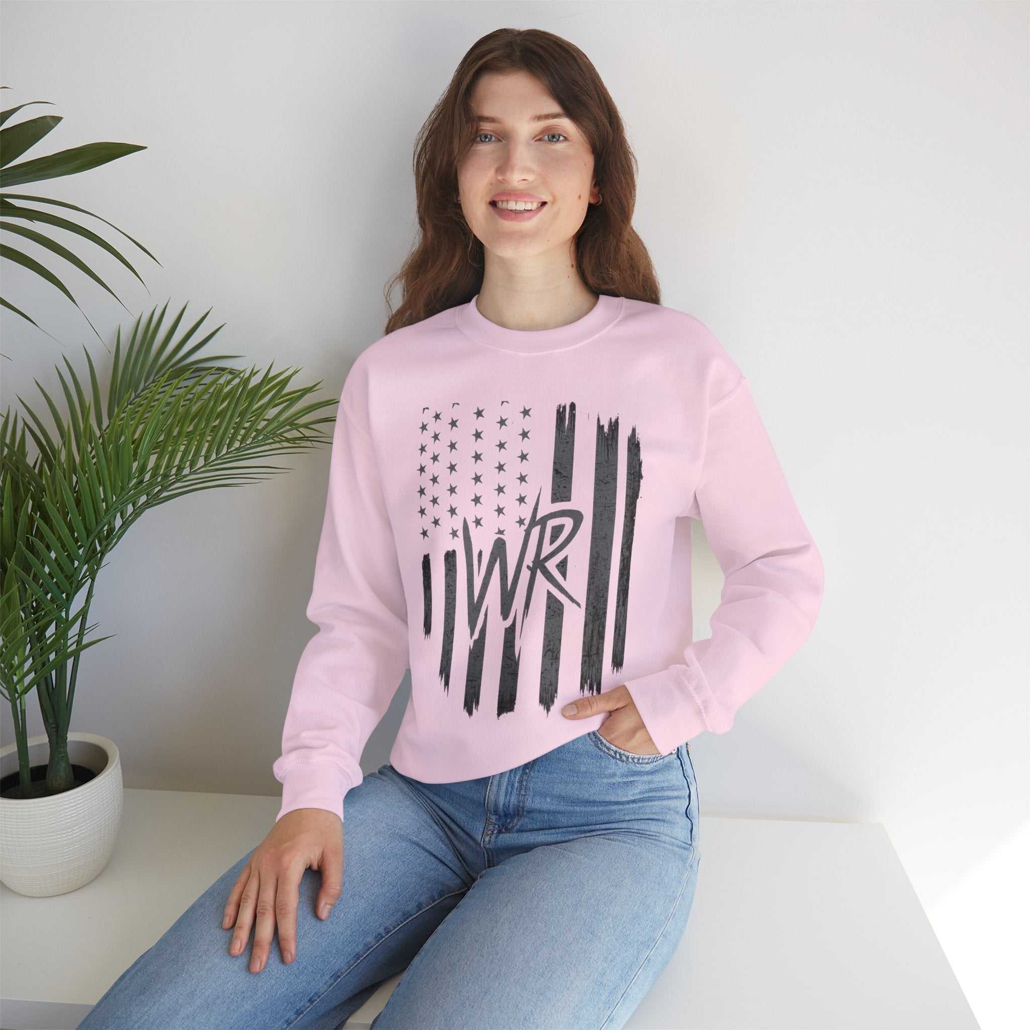 Distressed American flag crewneck sweatshirt with WR monogram, featuring a cozy pullover design by Printify.