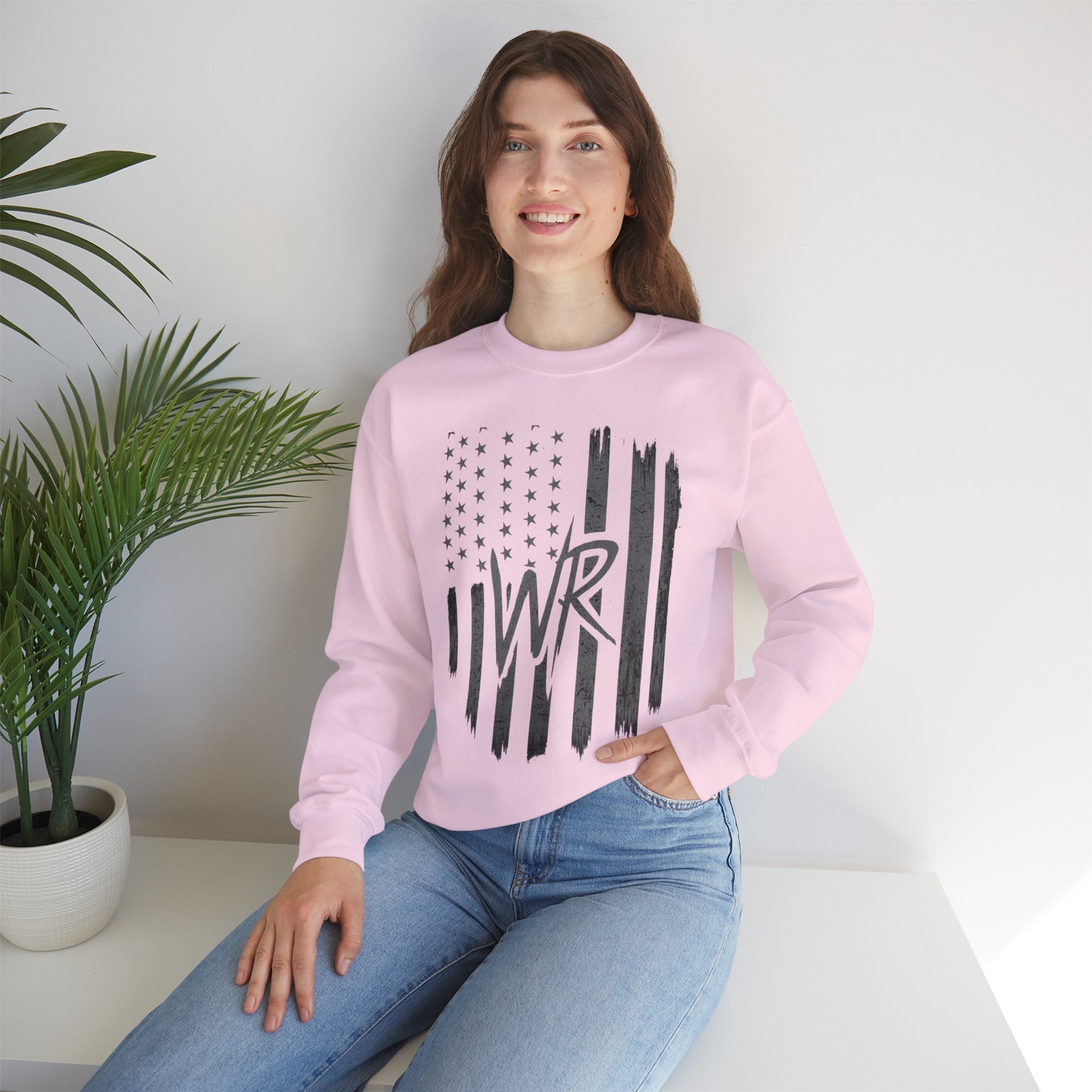 American Flag Crewneck Sweatshirt with WR Monogram — Distressed Patriotic Pullover