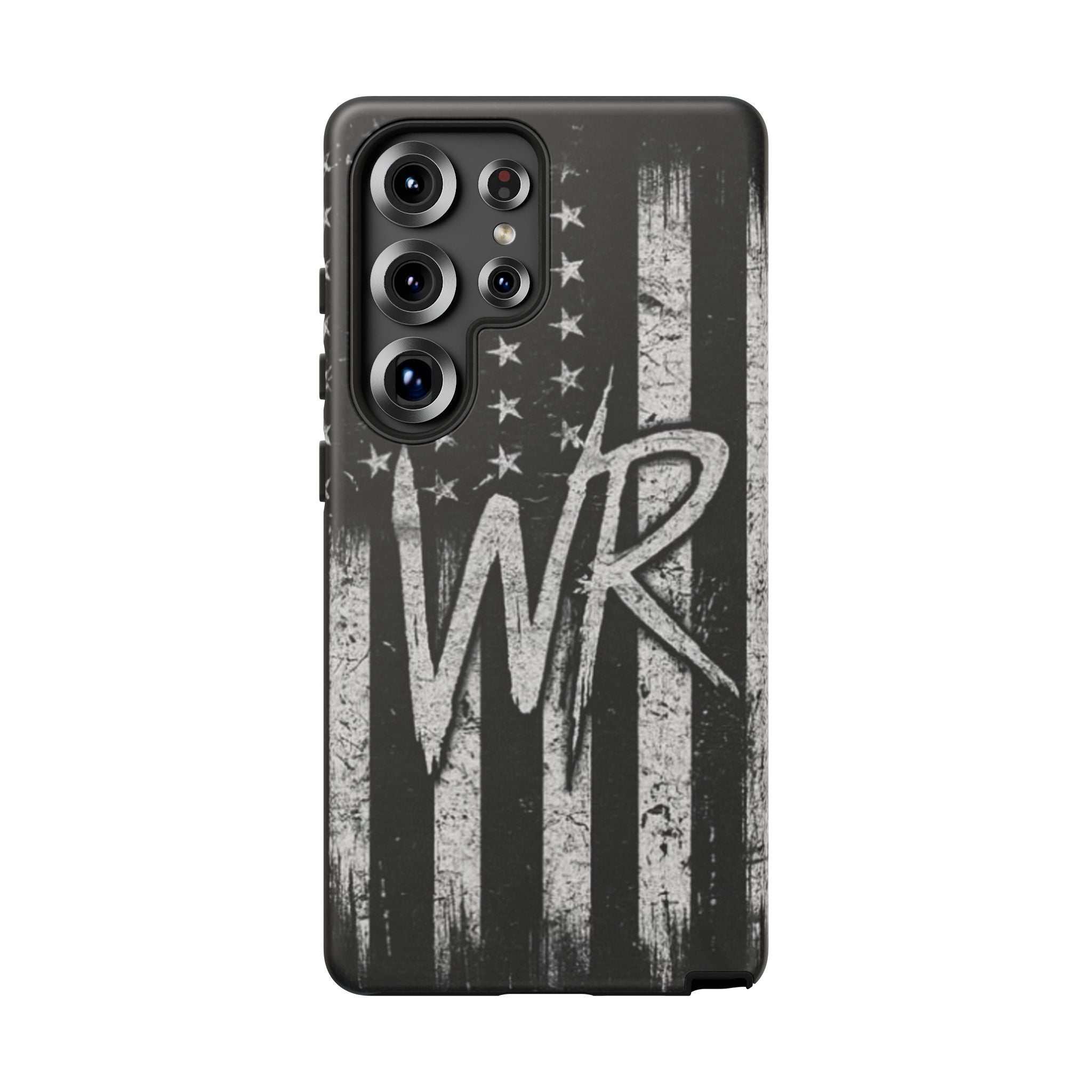 Patriotic monogram tough phone case featuring a distressed American flag design with the initials WR.