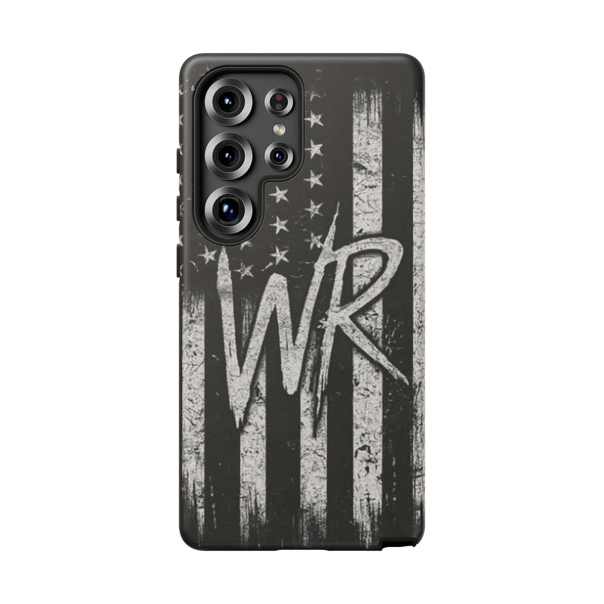 Patriotic monogram tough phone case featuring a distressed American flag design with the initials WR.