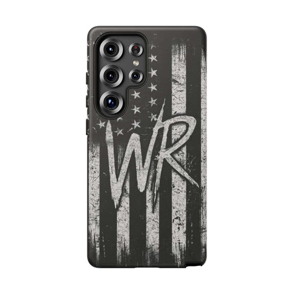 Patriotic monogram tough phone case featuring a distressed American flag design with the initials WR.