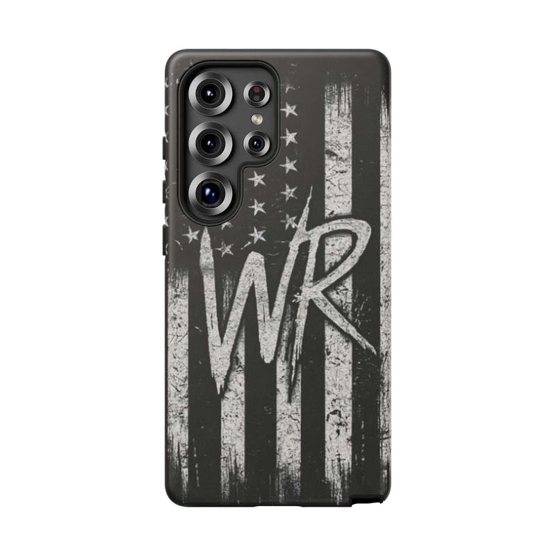 Patriotic monogram tough phone case featuring a distressed American flag design with the initials WR.