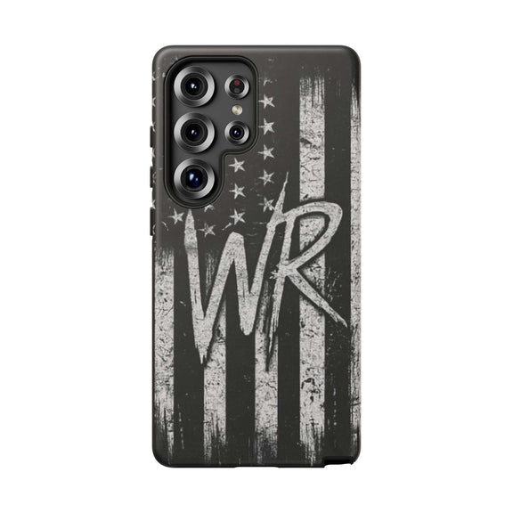 Patriotic monogram tough phone case featuring a distressed American flag design with the initials WR.
