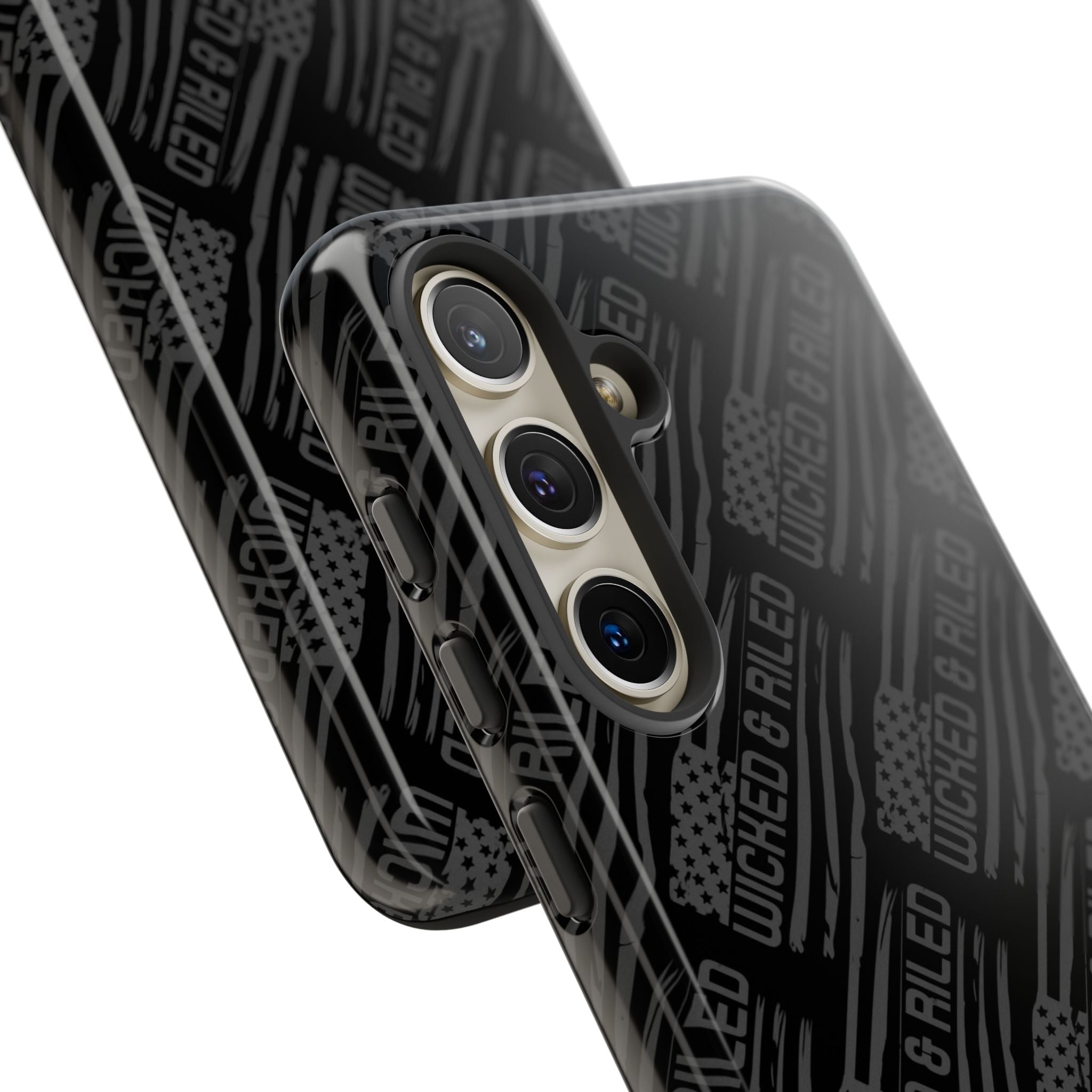 Rugged black protective phone case with "TOUGH CASES" text pattern by Printify, designed for durability and style.