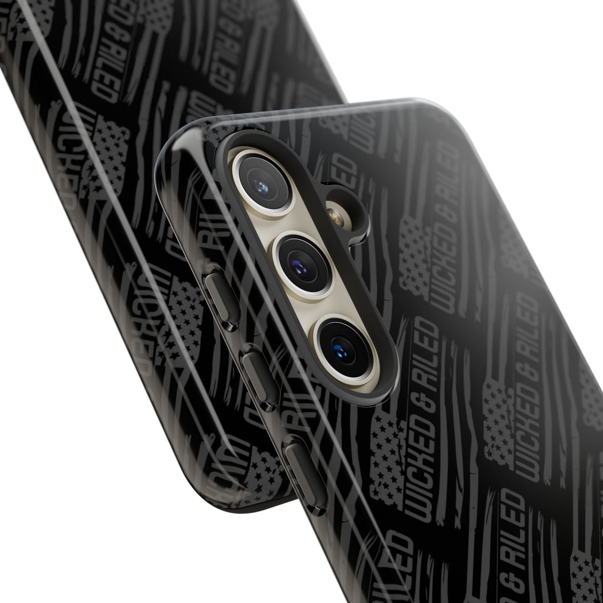Rugged black protective phone case with "TOUGH CASES" text pattern by Printify, designed for durability and style.