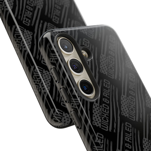Rugged black protective phone case with "TOUGH CASES" text pattern by Printify, designed for durability and style.
