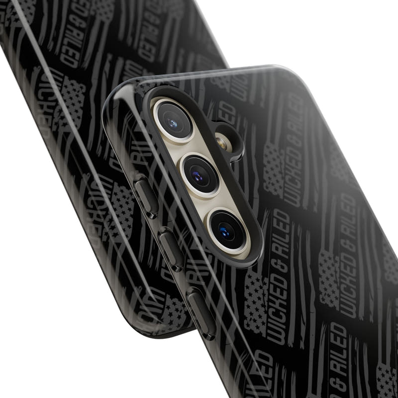 Rugged black protective phone case with "TOUGH CASES" text pattern by Printify, designed for durability and style.