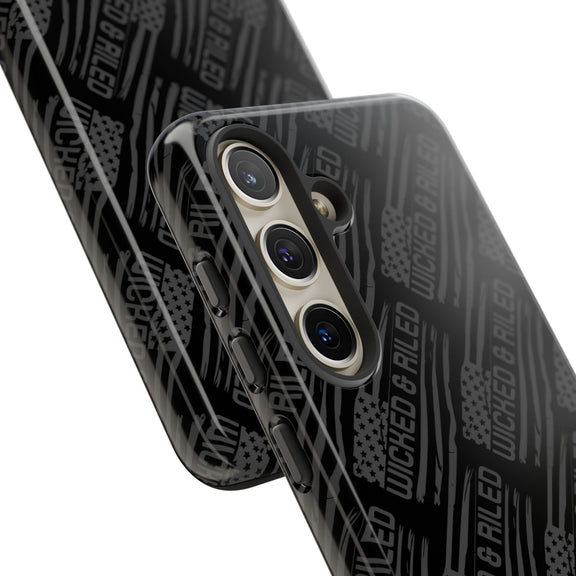 Rugged black protective phone case with "TOUGH CASES" text pattern by Printify, designed for durability and style.