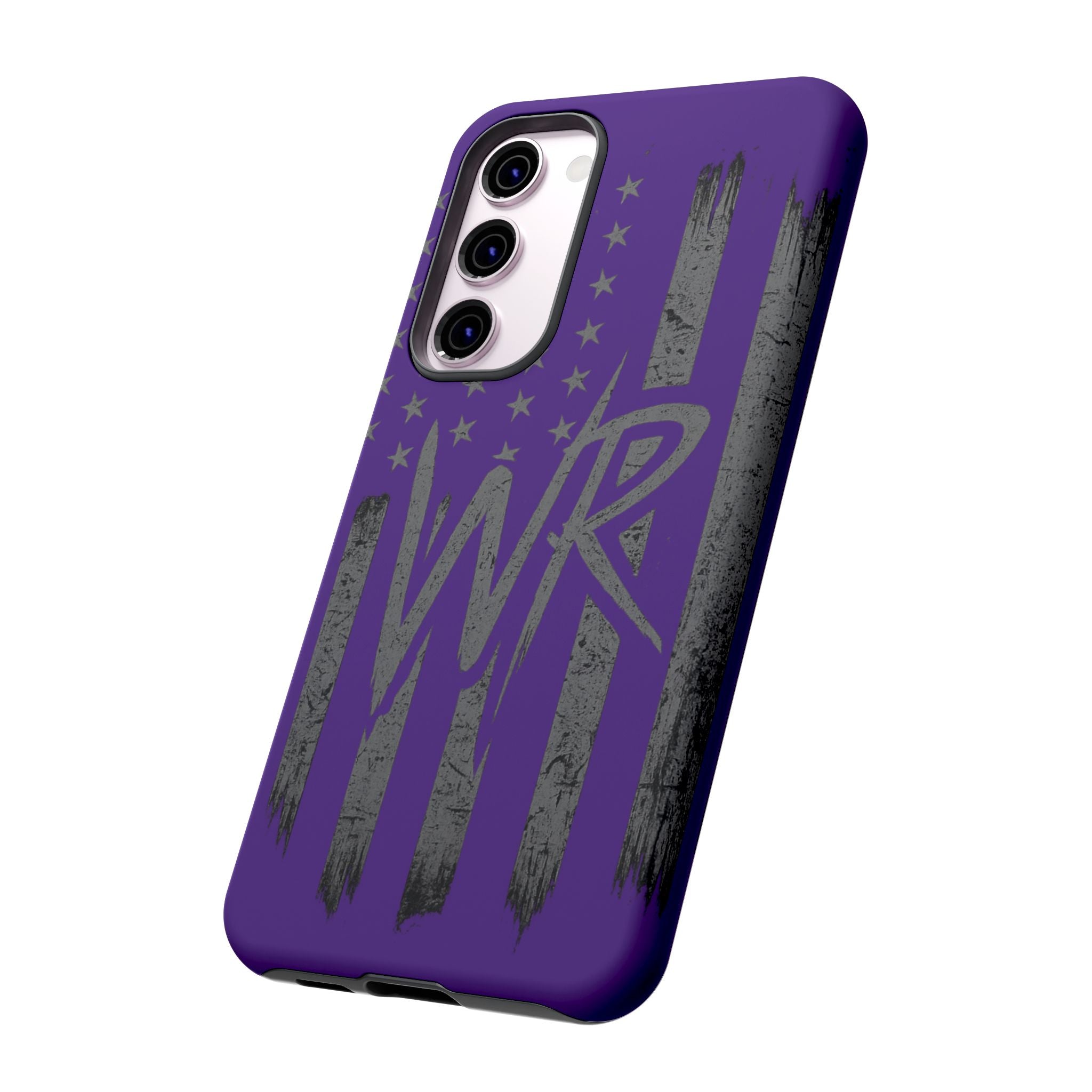 Purple 'WR' Flag Tough Phone Case by Printify, showcasing a durable design with a vibrant flag pattern.