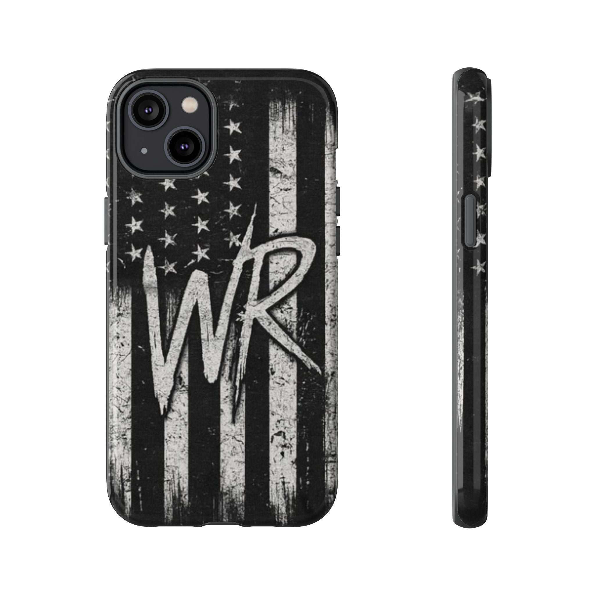 Distressed American flag design on a Patriotic Monogram Tough Phone Case featuring the initials WR by Printify.