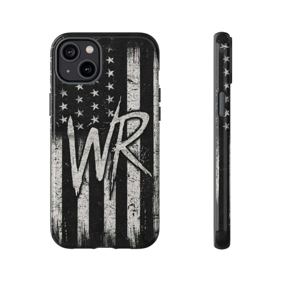 Distressed American flag design on a Patriotic Monogram Tough Phone Case featuring the initials WR by Printify.