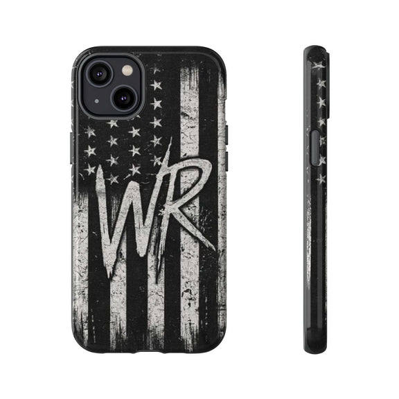 Distressed American flag design on a Patriotic Monogram Tough Phone Case featuring the initials WR by Printify.