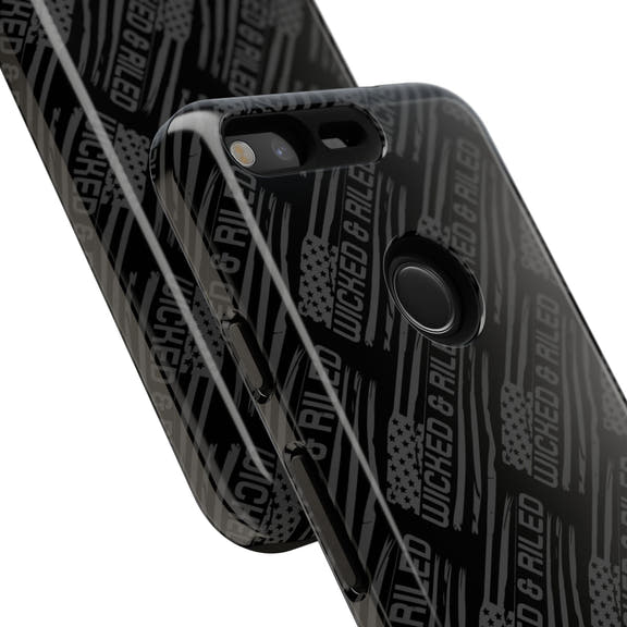 Rugged black protective phone case by Printify with a textured "TOUGH CASES" pattern.