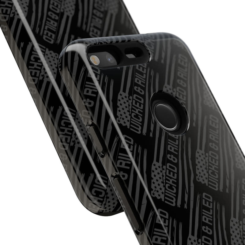 Rugged black protective phone case by Printify with a textured "TOUGH CASES" pattern.