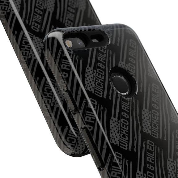 Rugged black protective phone case by Printify with a textured "TOUGH CASES" pattern.