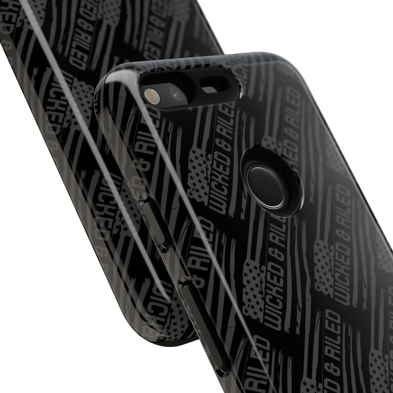 Rugged black protective phone case by Printify with a textured "TOUGH CASES" pattern.