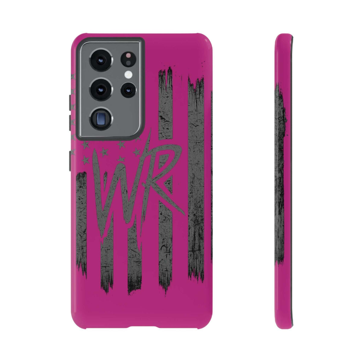 Pink 'WR' Flag tough phone case by Printify displayed with a textured surface and precise cutouts for buttons and ports.