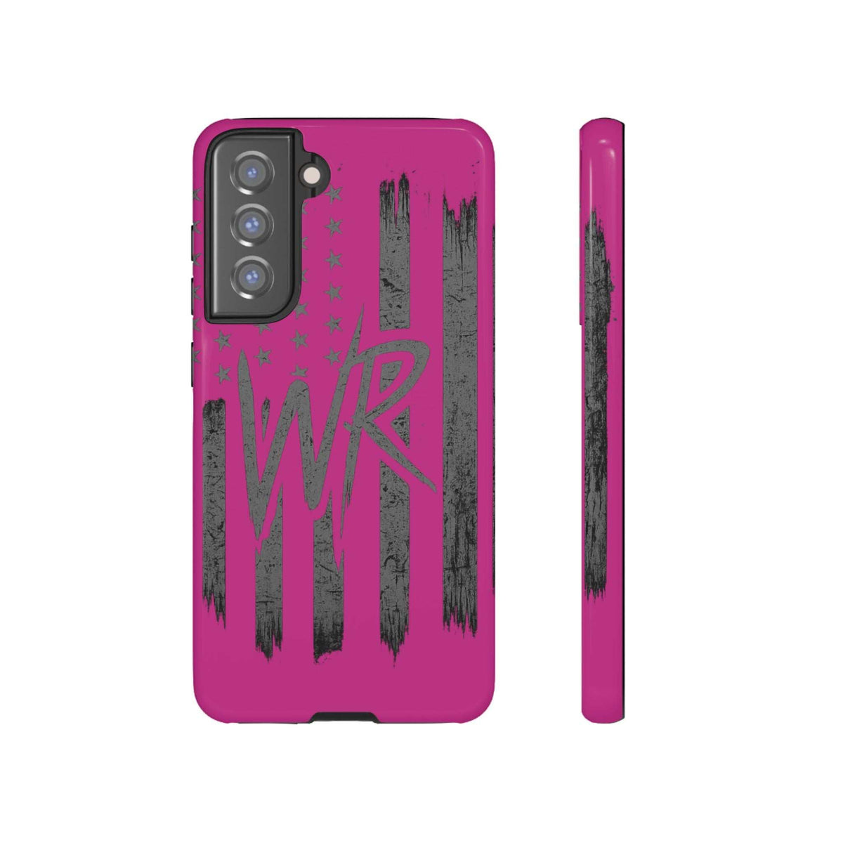 Pink 'WR' Flag Tough Phone Case by Printify with durable design and vibrant flag pattern, perfect for protection.