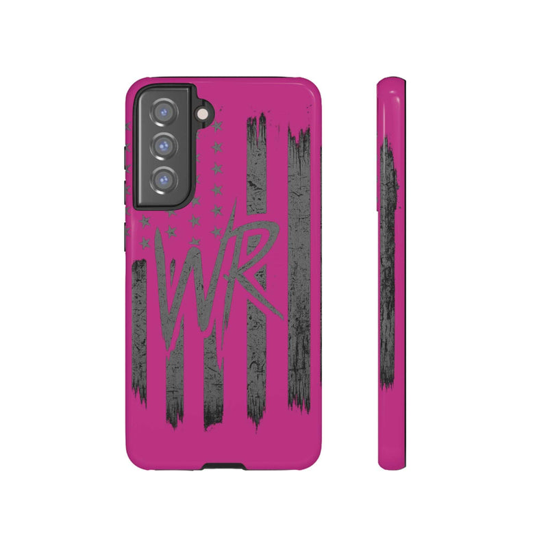 Pink 'WR' Flag Tough Phone Case by Printify with durable design and vibrant flag pattern, perfect for protection.