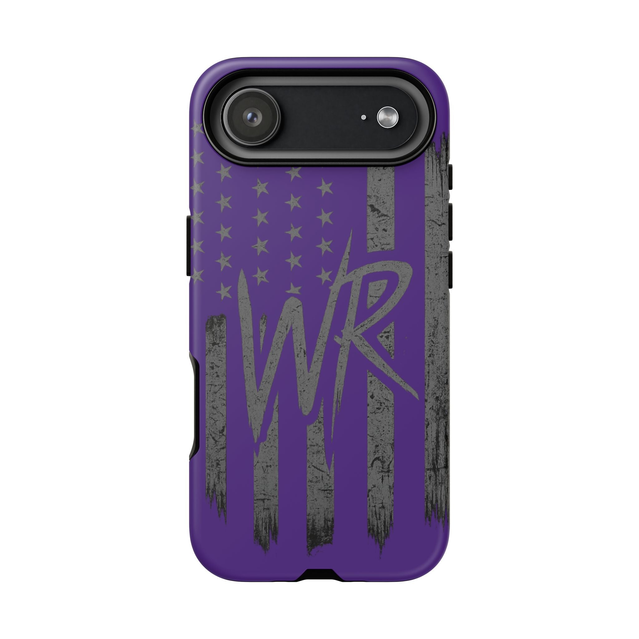 Purple 'WR' flag tough phone case by Printify, showcasing durable design and vibrant colors for protection and style.