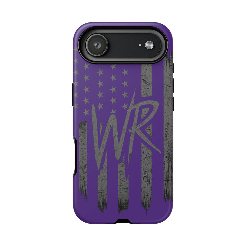 Purple 'WR' flag tough phone case by Printify, showcasing durable design and vibrant colors for protection and style.